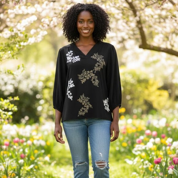 Chico's Tops - EUC Chico's Black Label Black White Beaded Tunic Top L/12 Resort Boho Chic